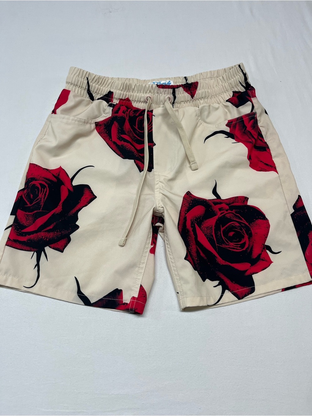 Men’s Fresh Prince Beige Swim Trunks Red Rose Print casual Beach unique 1501
